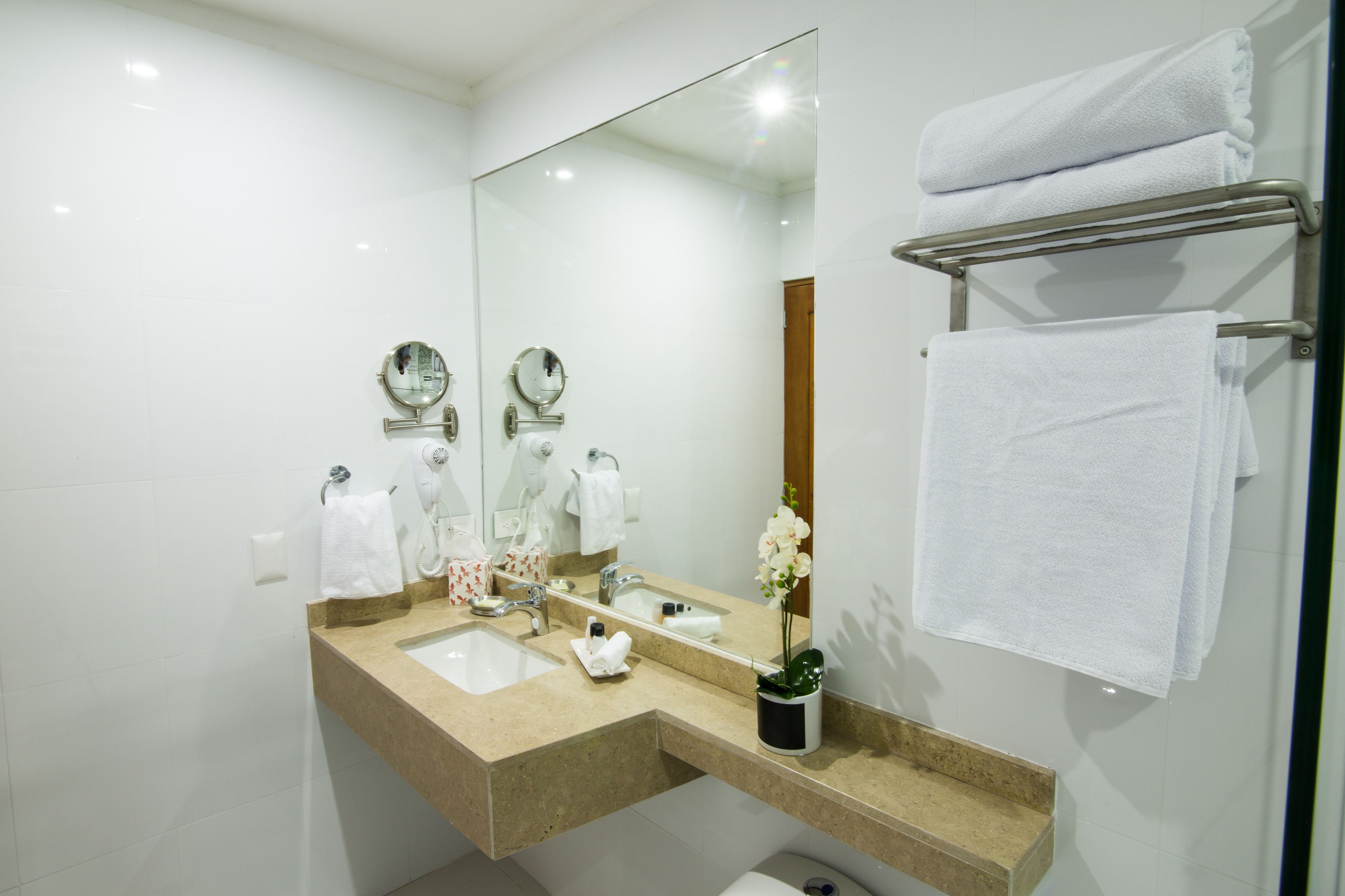 shower, free toiletries, hair dryer, towels