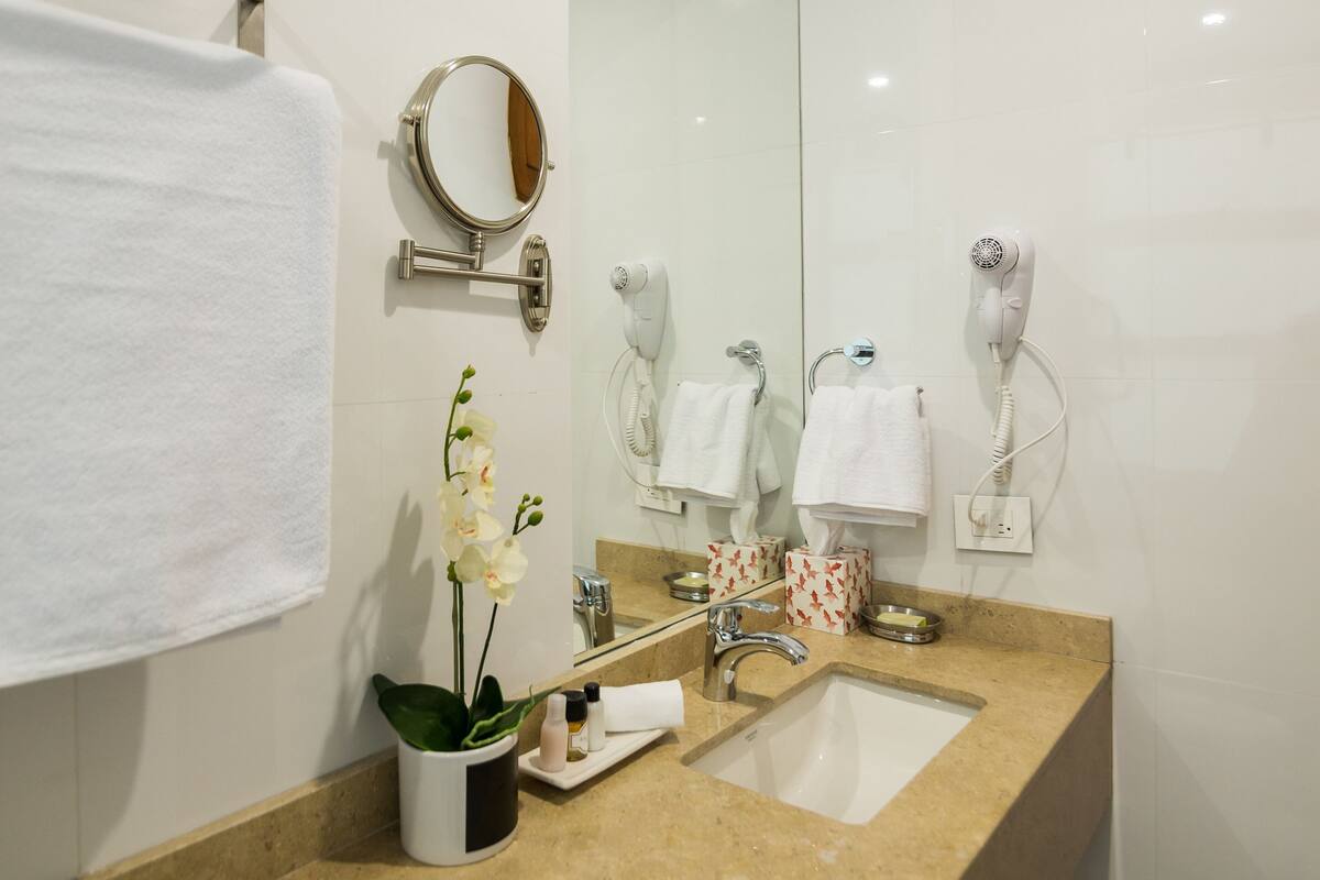 shower, free toiletries, hair dryer, towels