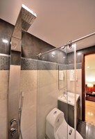 Ducha, cabezal de ducha con hidromasaje, secador de pelo, toallas