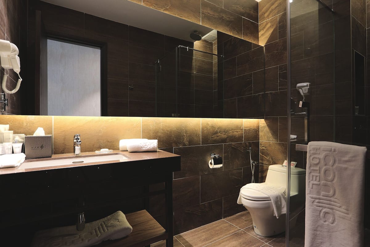 shower, rainfall showerhead, free toiletries, hair dryer