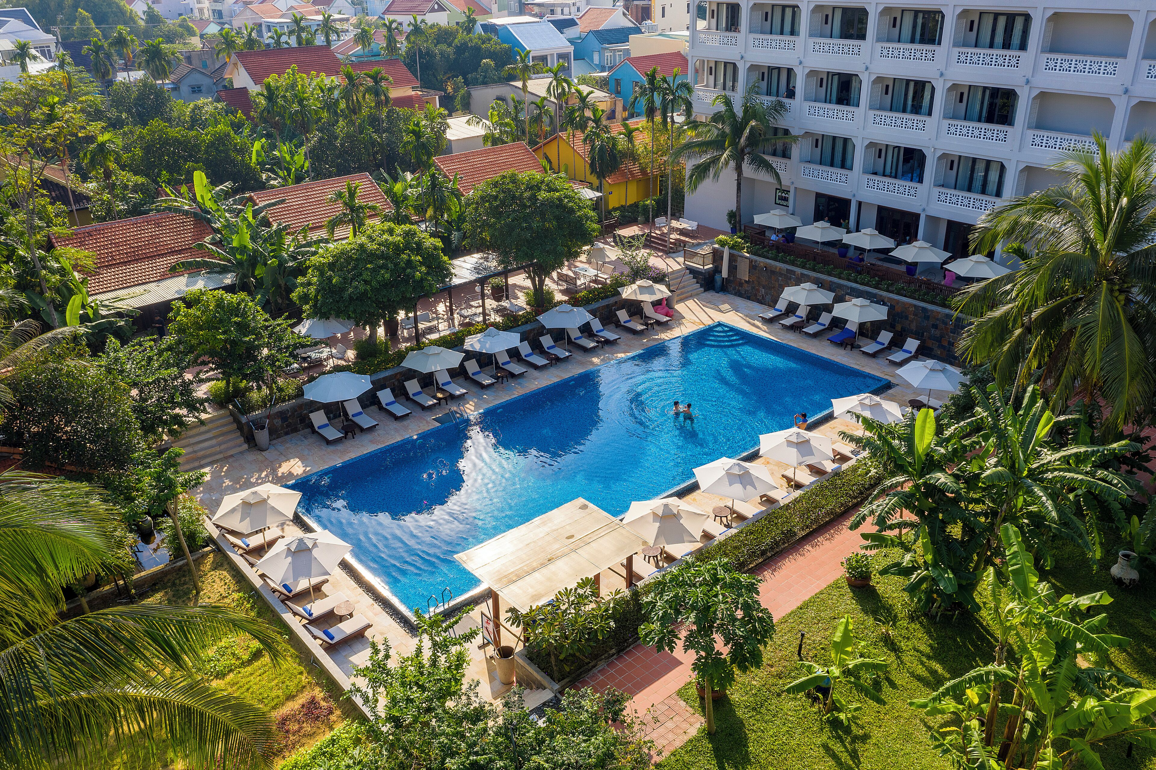 A large swimming pool surrounded by lounge chairs and umbrellas, with palm trees and a building in the background.