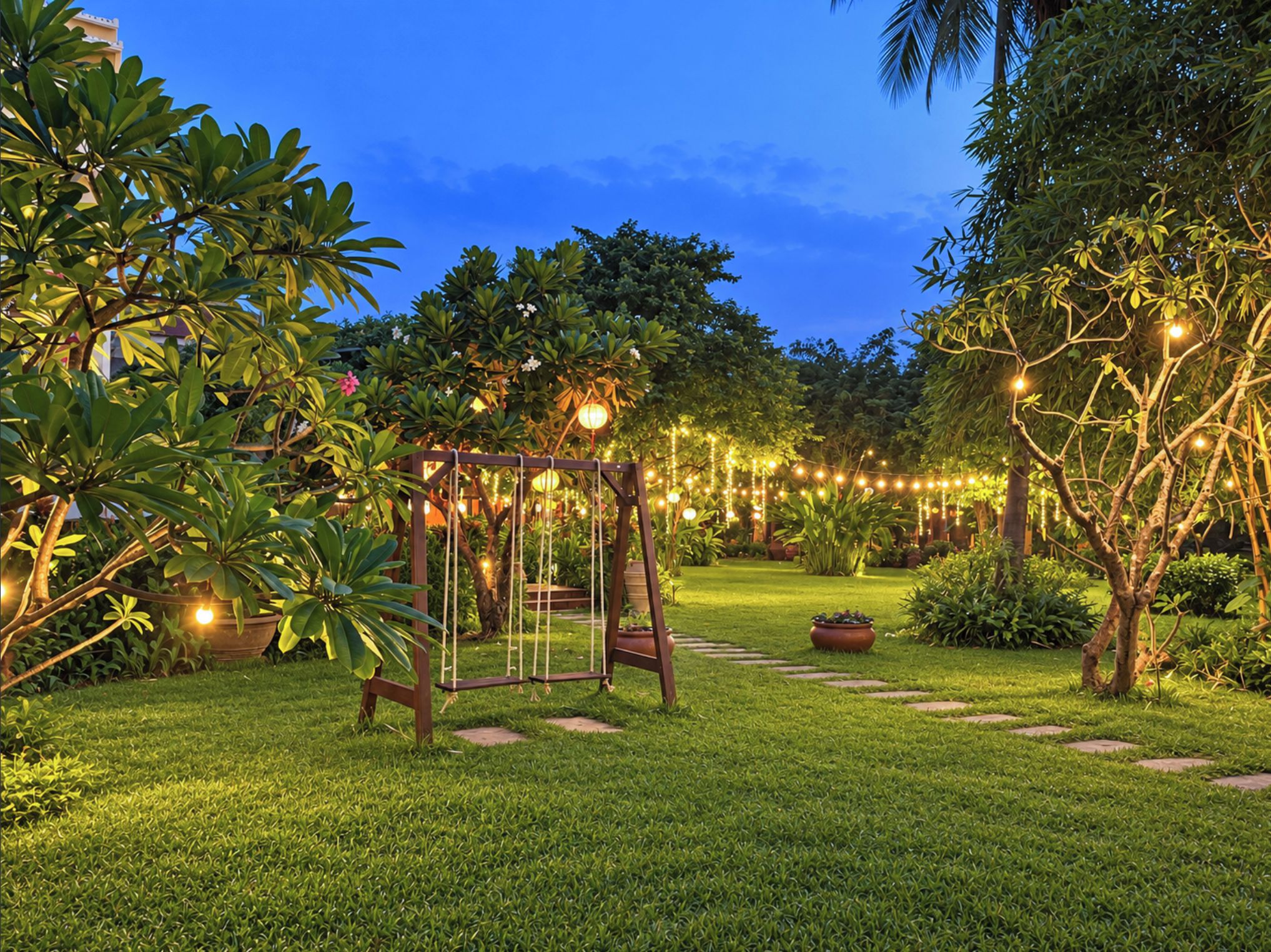 A garden with a swing set, string lights, and a pathway.