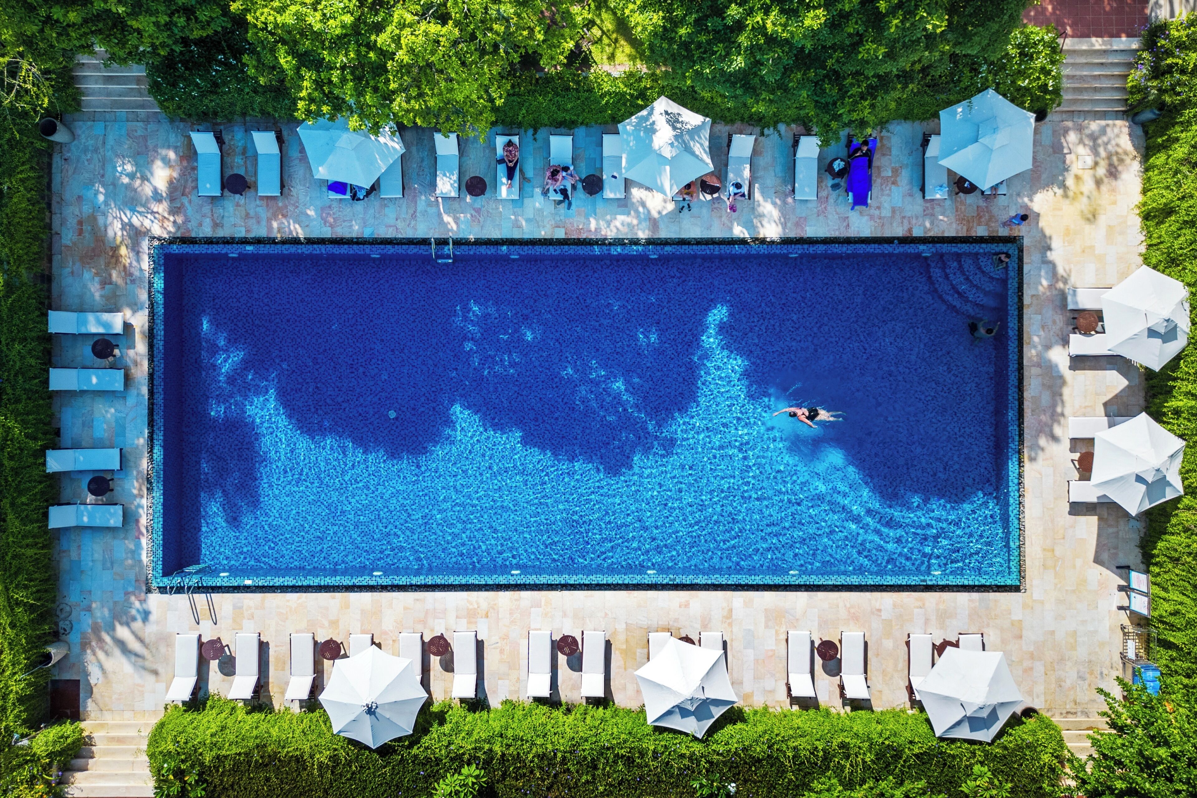 An aerial view of a rectangular swimming pool surrounded by lounge chairs and umbrellas, with a stone deck and greenery.