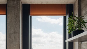 Una habitación moderna con un gran ventanal que da a un río y un puente. Hay una cama con cabecera de cuero marrón, una mesita con libros y una planta en maceta sobre una estantería.