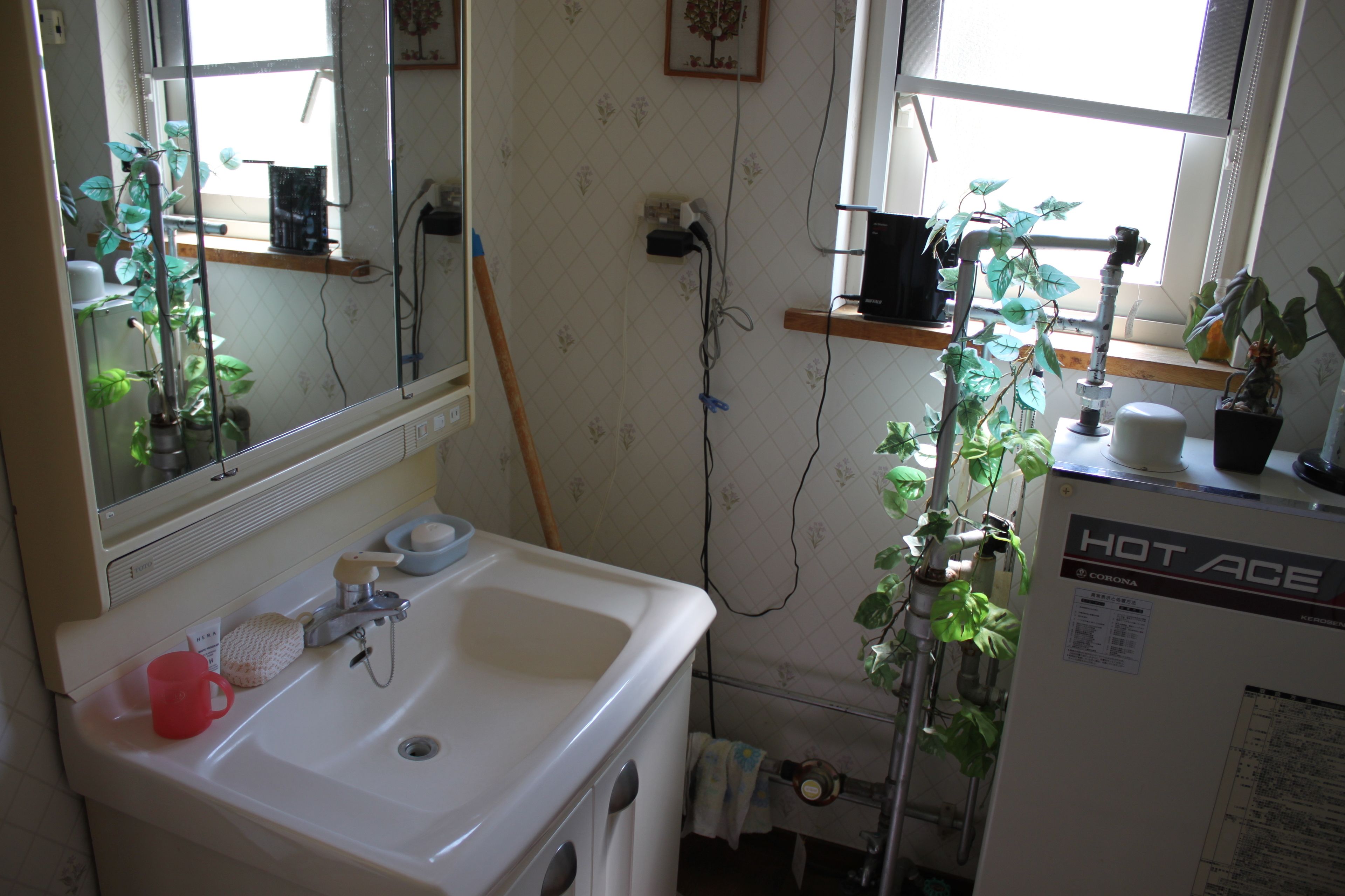 Un baño con lavamanos, espejo y ventana. Hay plantas, un trapeador y un calentador de agua.