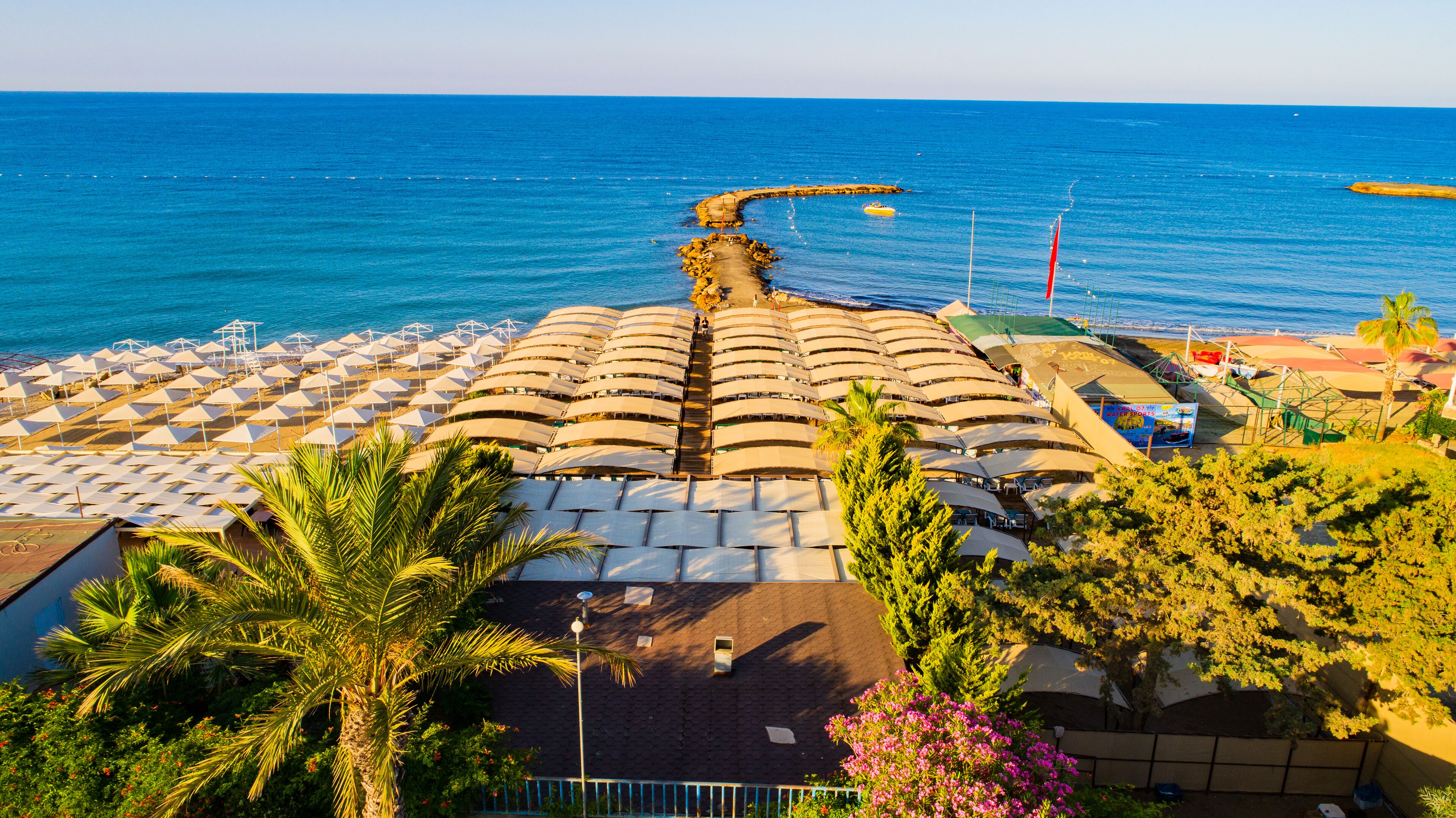 A beachside hotel with multiple sun umbrellas and a long pathway leading to the beach.