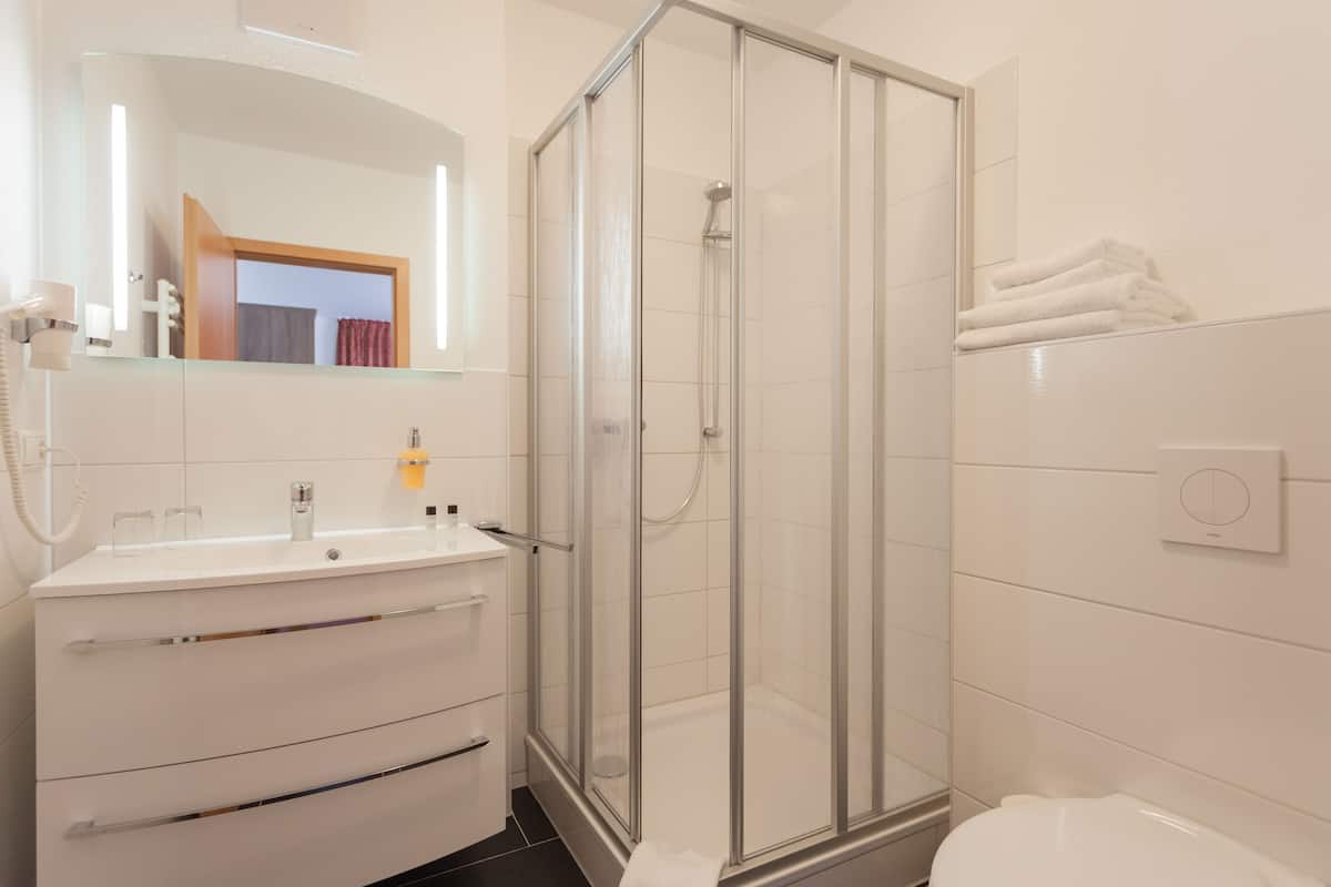 shower, free toiletries, hair dryer, towels