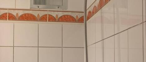 A shower with a handheld showerhead and a wall-mounted control.