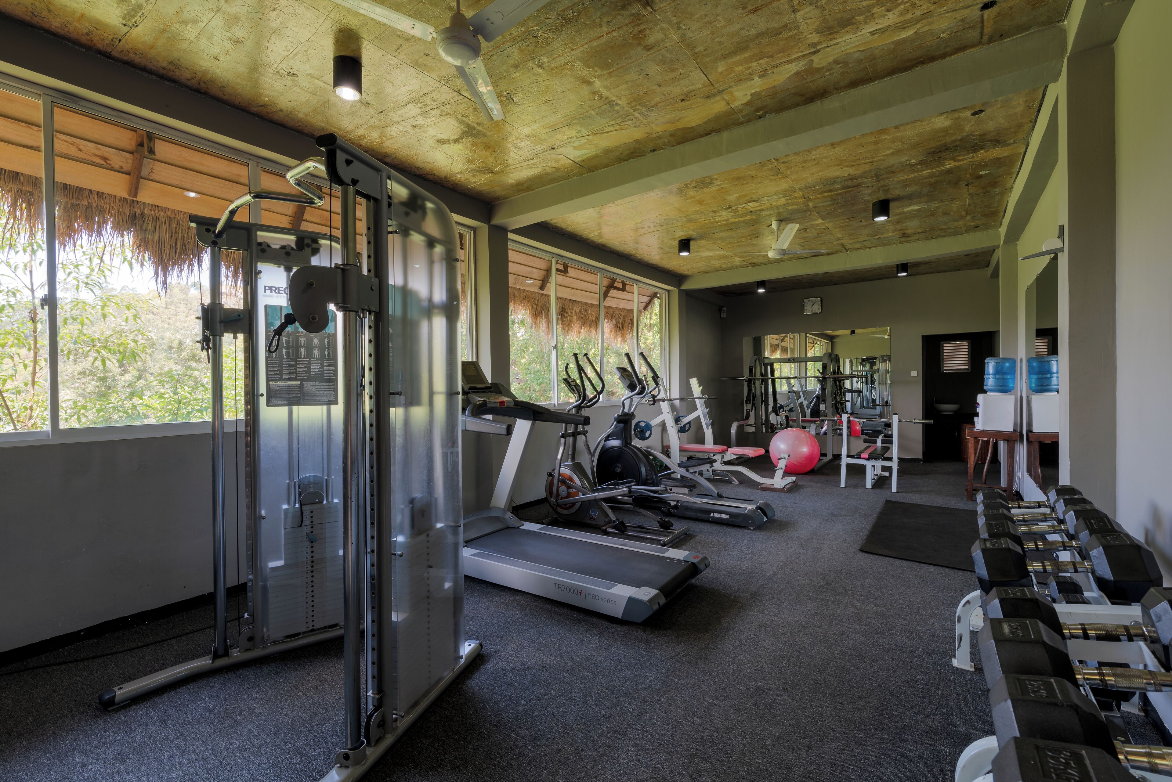 Un gimnasio con cintas de correr, máquinas de pesas y pelotas de ejercicio.