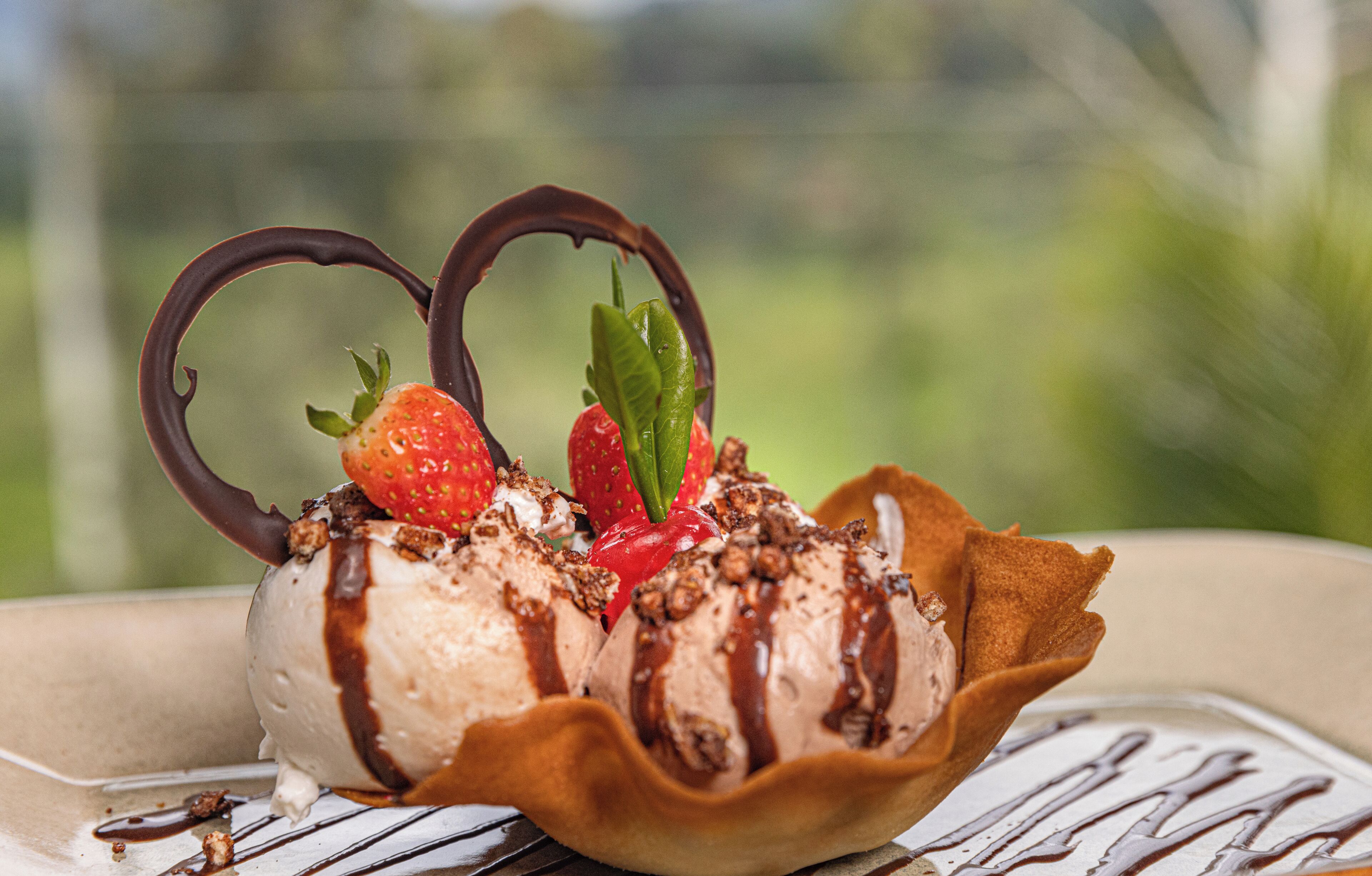 A dessert with chocolate and strawberries on a plate.