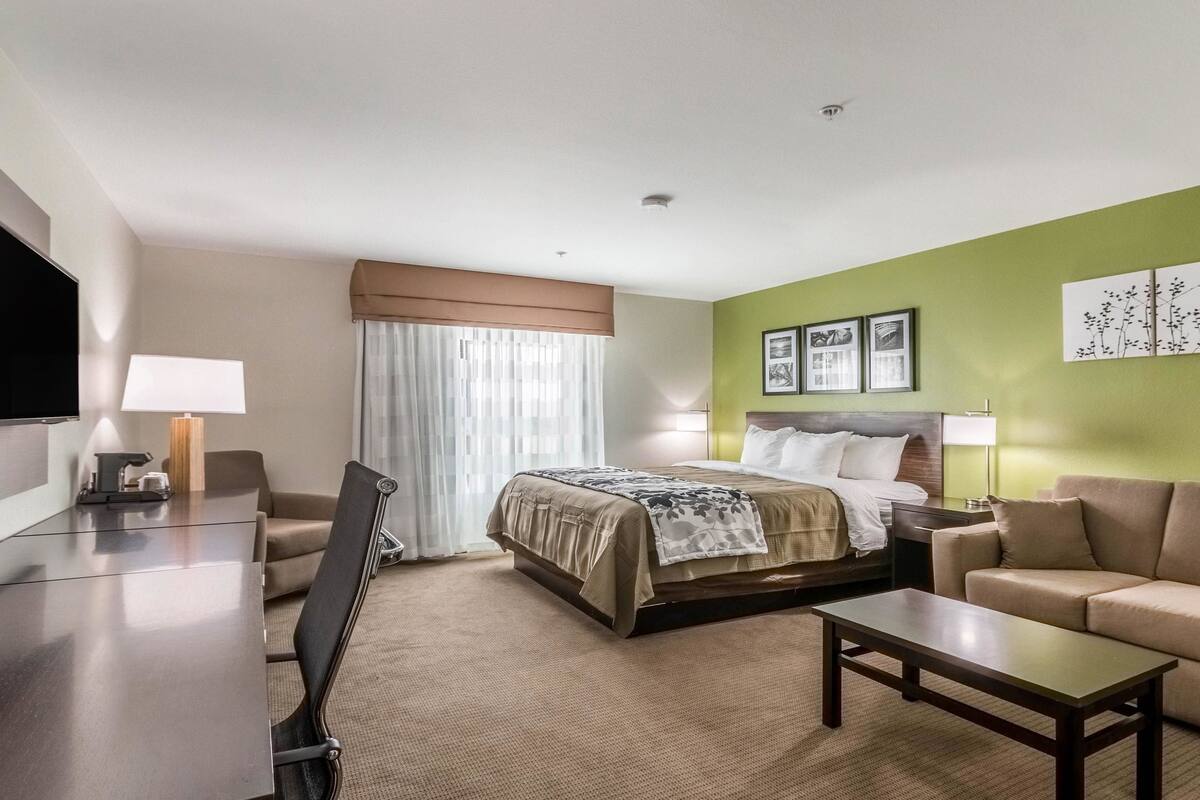 A hotel room with a bed, a desk, a chair, a sofa, and a TV.