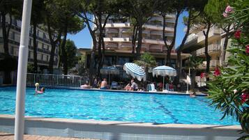Seasonal outdoor pool, pool umbrellas, pool loungers