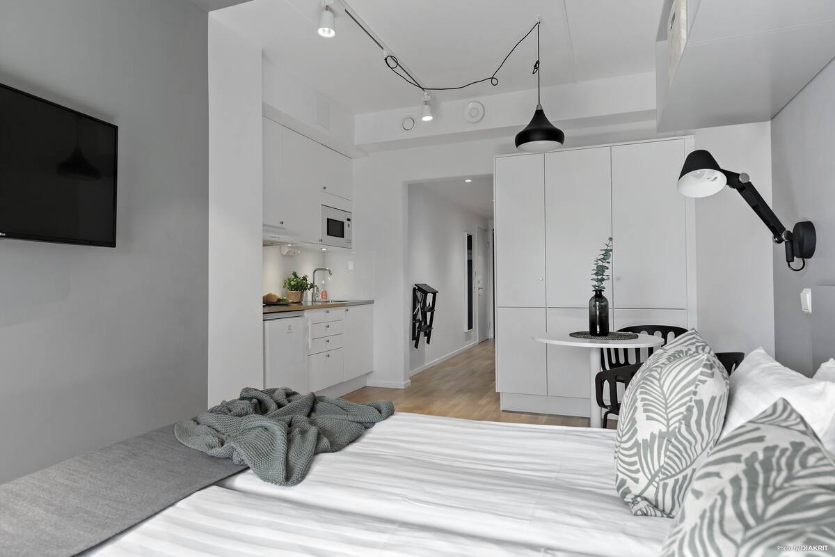 Un dormitorio moderno con una cama, un escritorio y una kitchenette.