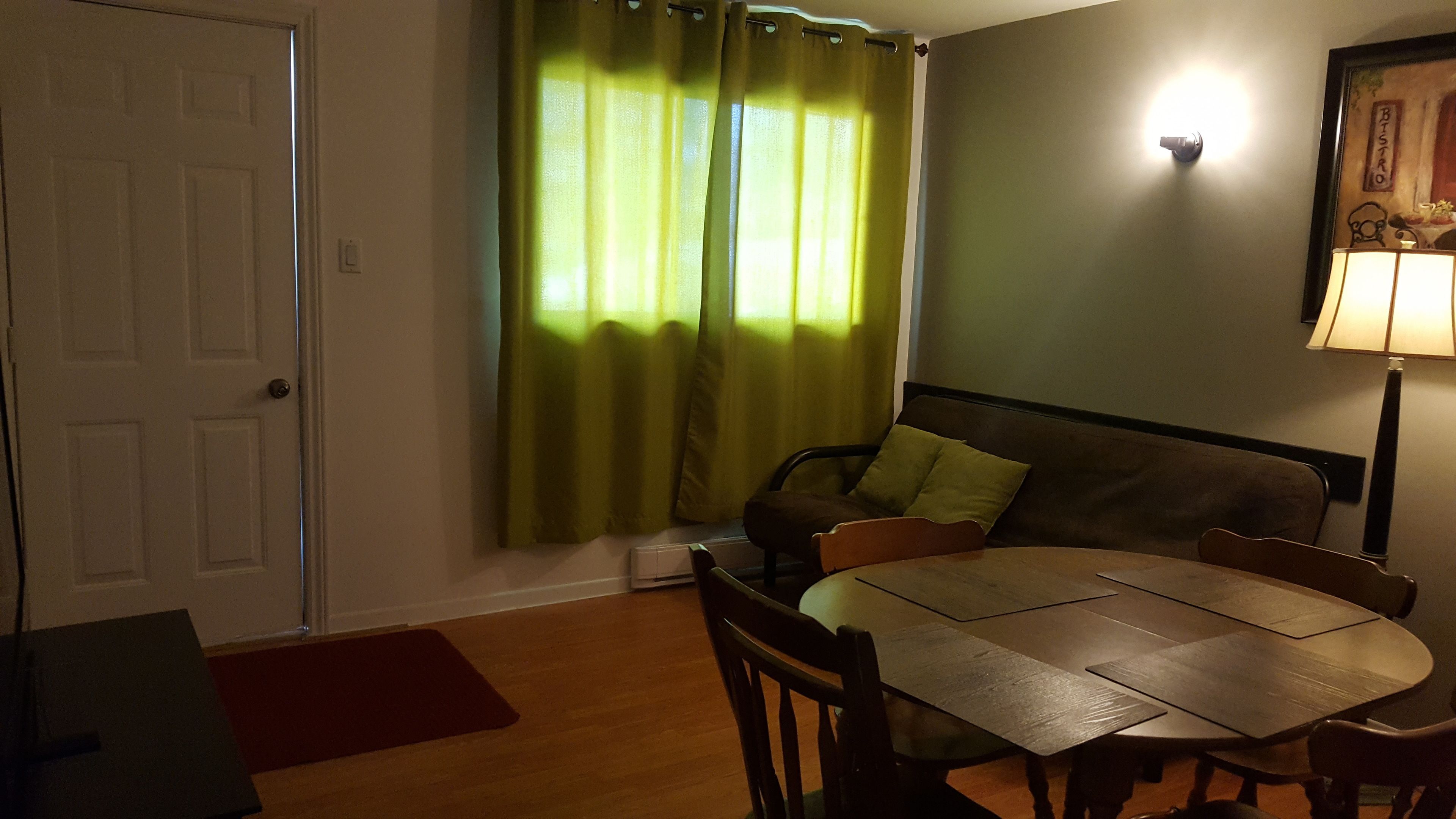 A living room with a sofa, a dining table, and a lamp.