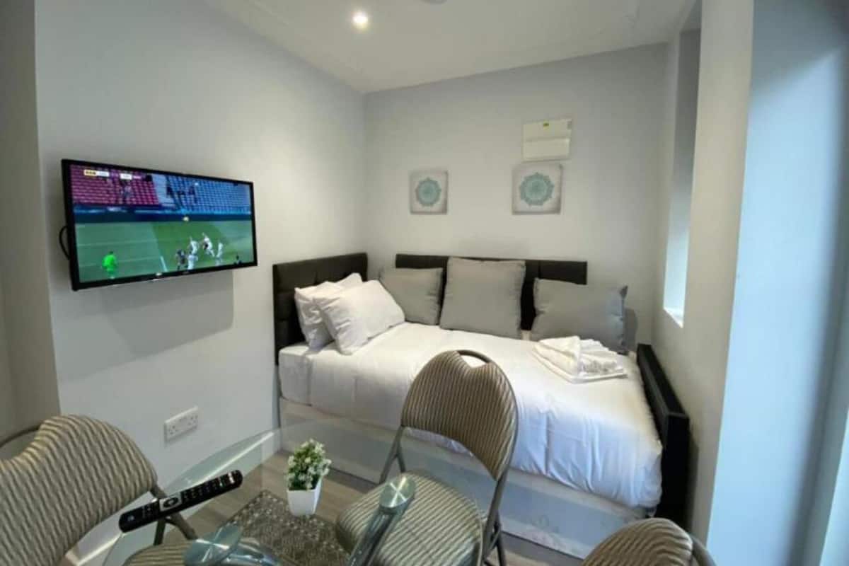 A hotel room with a bed, a TV mounted on the wall, a chair, and a small table with a plant.