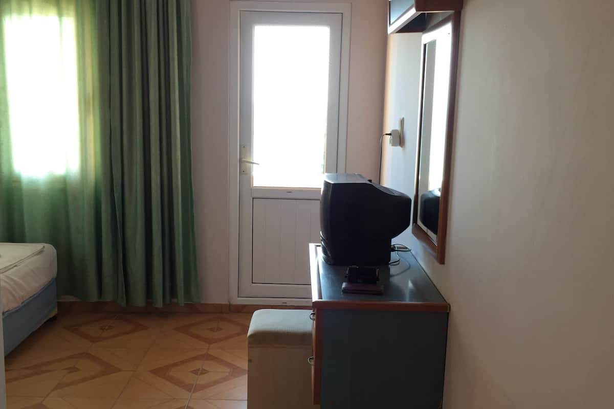 A room with a bed, a desk with a television, a mirror, and a door.