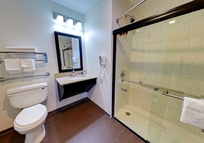 Shower, free toiletries, hair dryer, towels