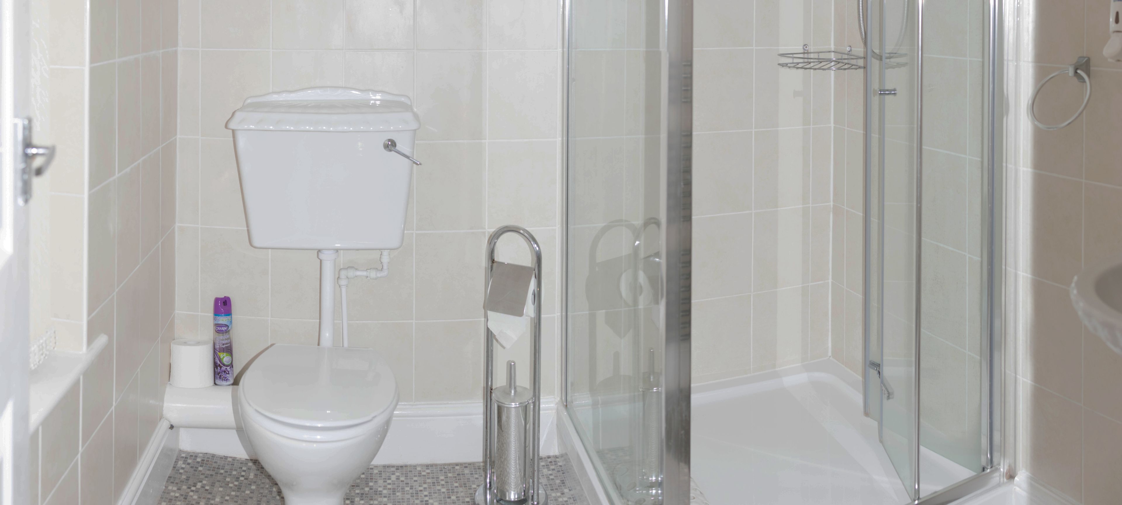 Un baño con inodoro, bidé y ducha con mampara de vidrio.