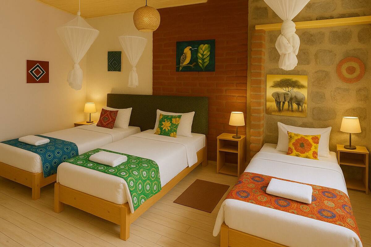 A hotel room with three single beds, each with a different patterned bedspread. There are bedside tables with lamps, a brick wall, and artwork on the walls.