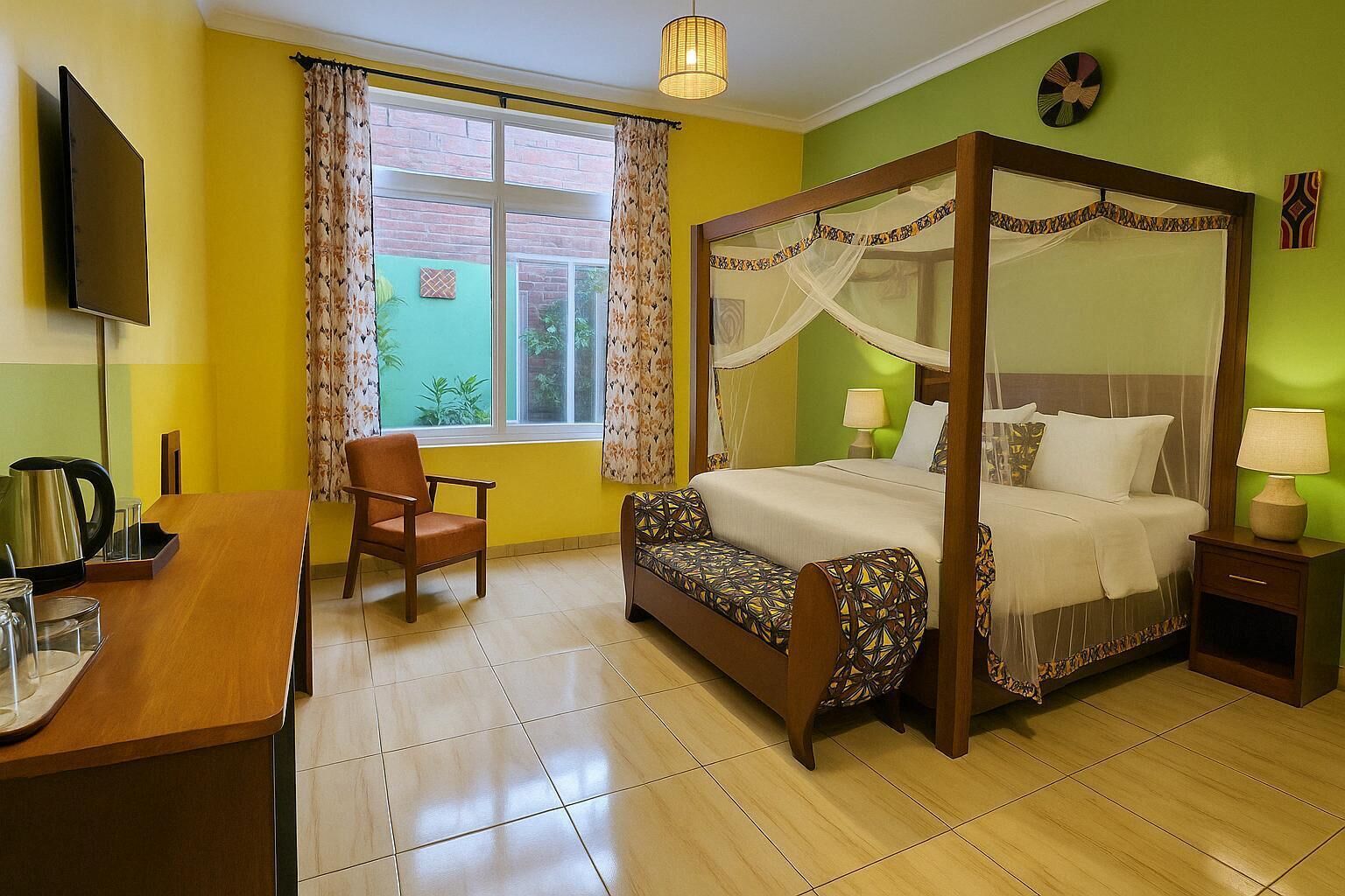A four-poster bed with a canopy, a wooden desk with a kettle, and a chair.