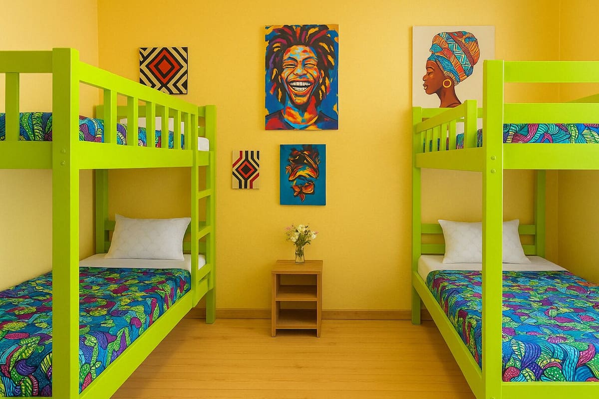 A room with two bunk beds, each with a colorful patterned bedspread. There are two paintings on the wall, one depicting a joyful figure and the other a profile of a person. A small wooden nightstand with a vase of flowers is in the center.