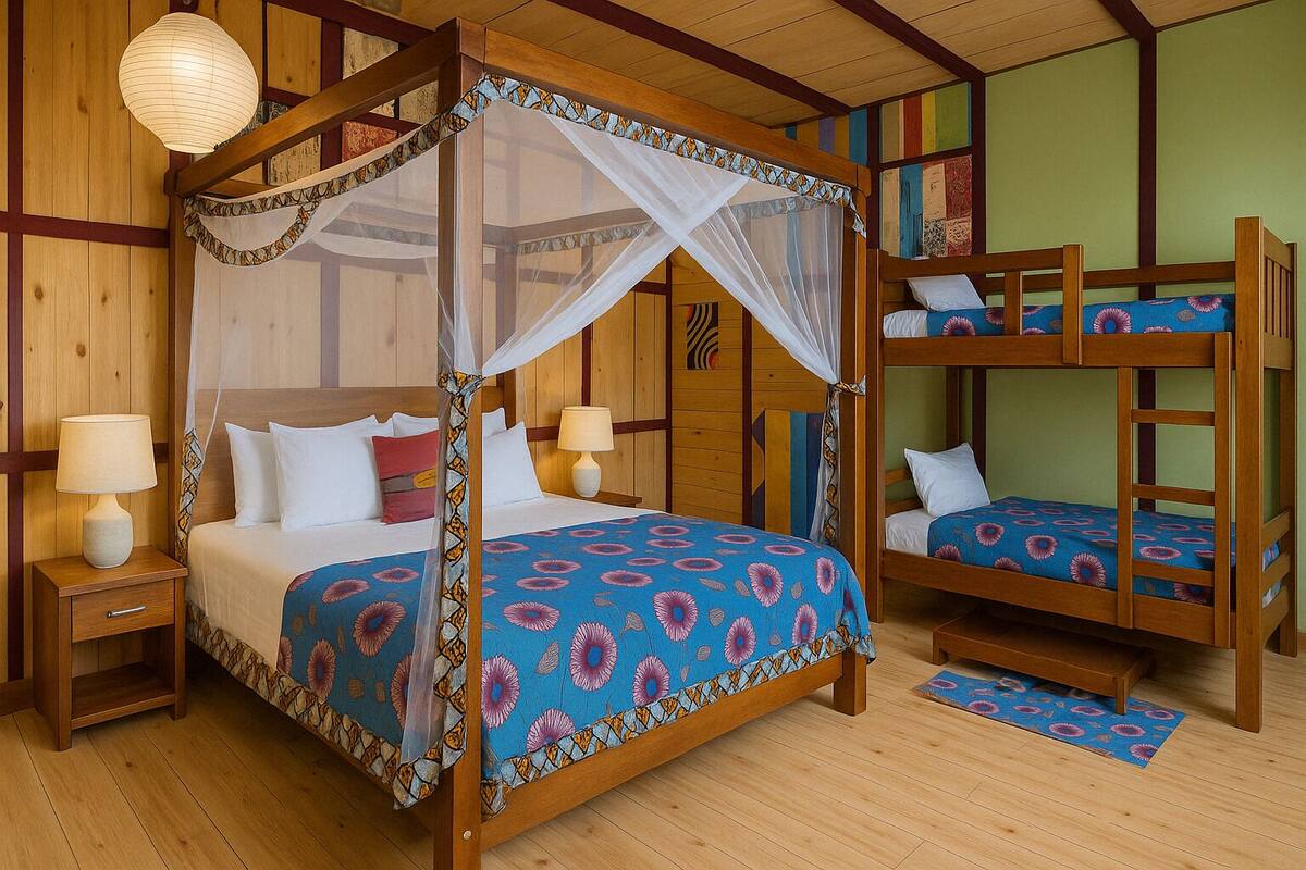 A four-poster bed with a canopy, two bedside tables with lamps, and a bunk bed to the right.