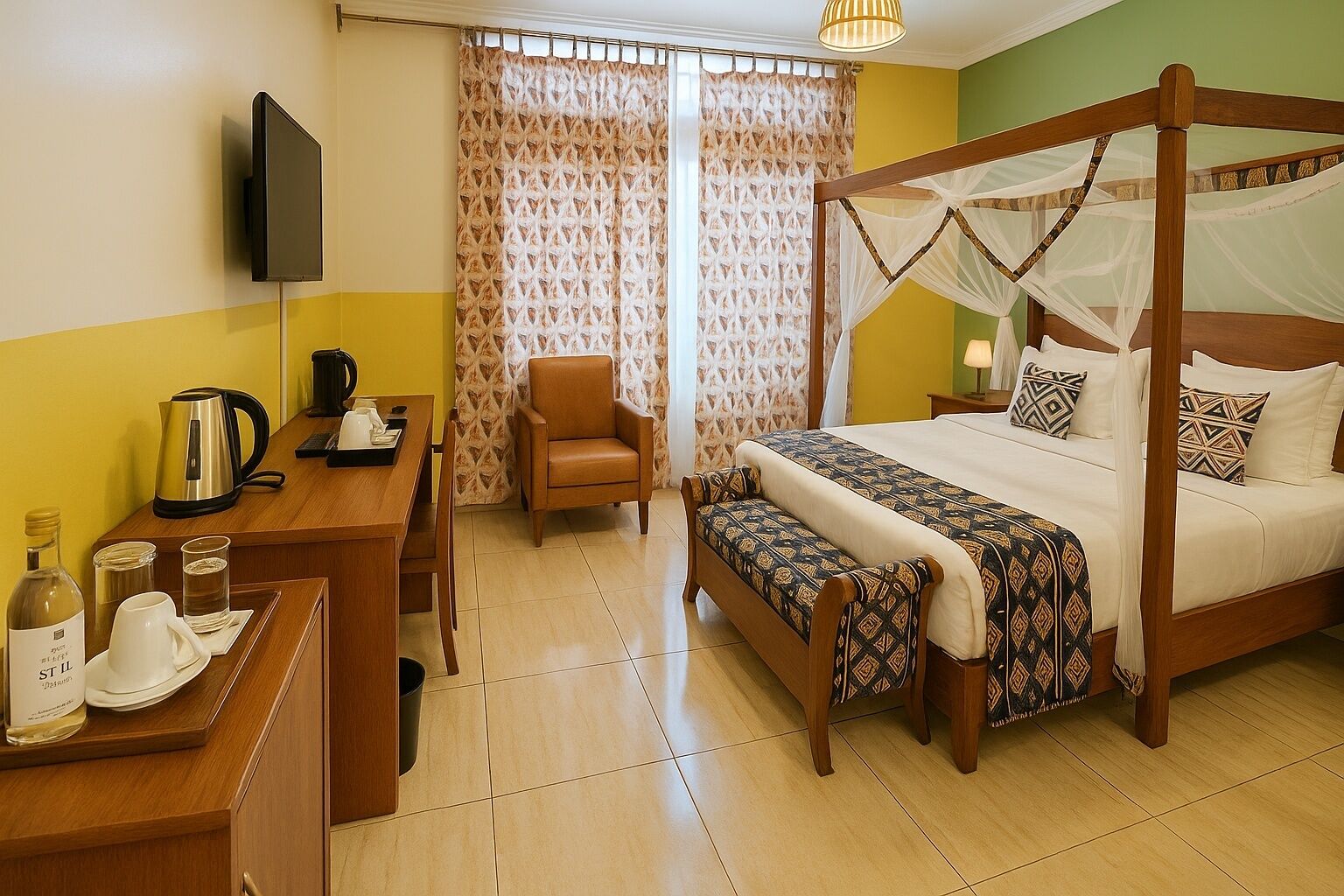 Habitación de hotel con cama con dosel, un escritorio con hervidor y botella, una silla y un televisor en la pared.