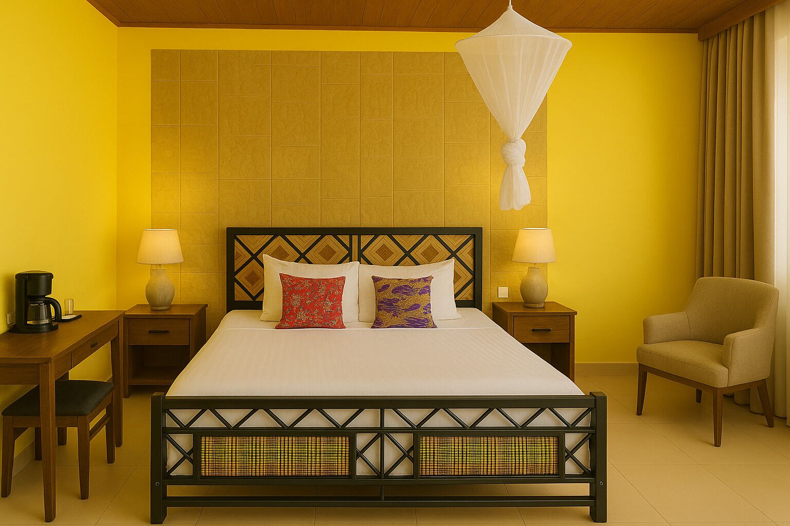 A hotel room with a bed, bedside tables, a chair, and a canopy bed.