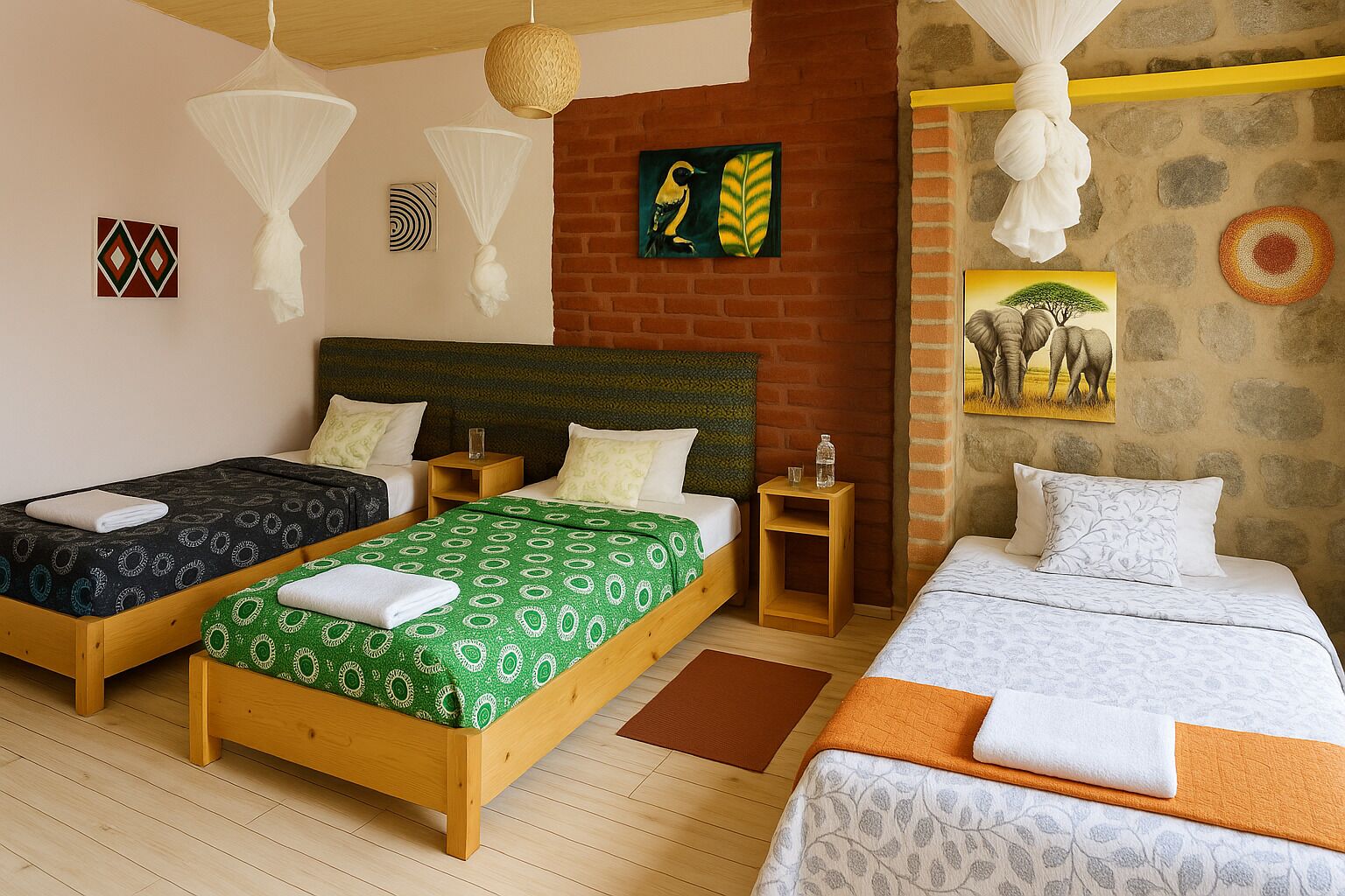 A hotel room with three wooden beds, each with a different patterned bedspread. There are two bedside tables with lamps, a brick accent wall, and artwork depicting wildlife.