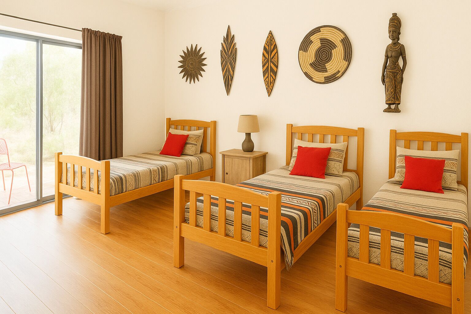 Una habitación con dos camas de madera, una mesita pequeña y adornos decorativos en la pared.
