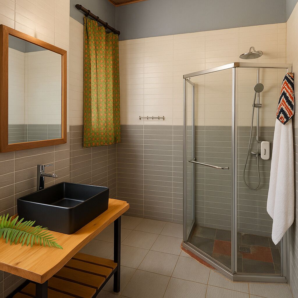 A modern bathroom with a glass shower enclosure, a wooden vanity with a black sink, and a mirror above the sink.