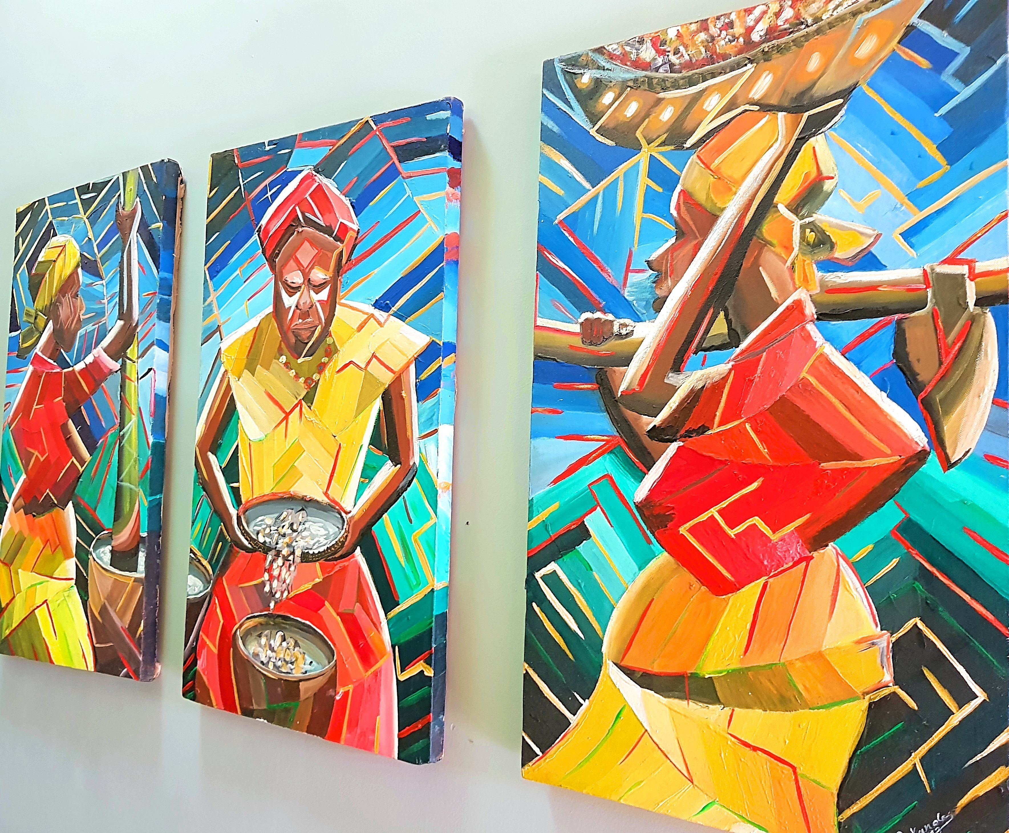 Three vibrant paintings of figures holding objects, displayed on a wall.