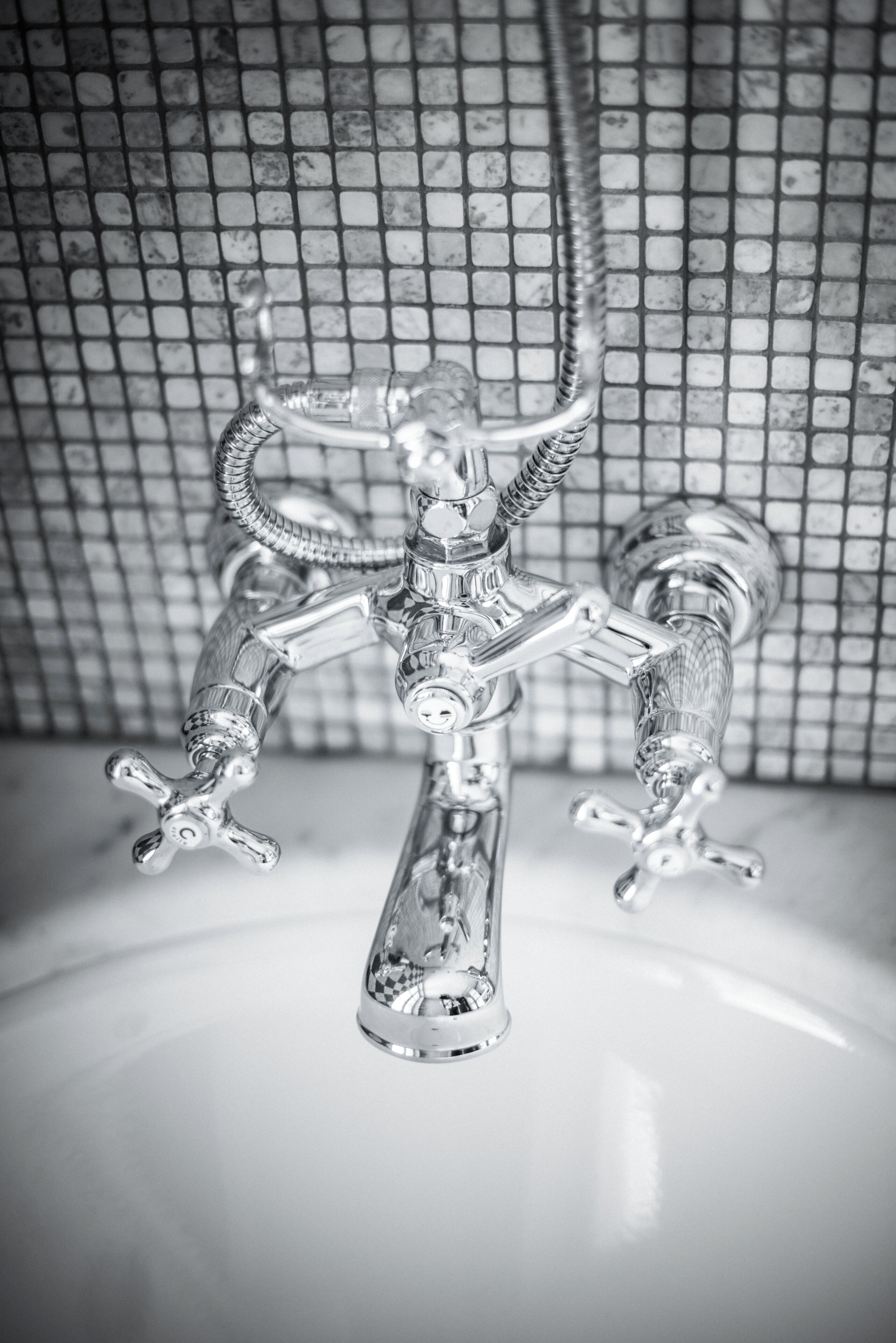 Un baño con grifo cromado y ducha.