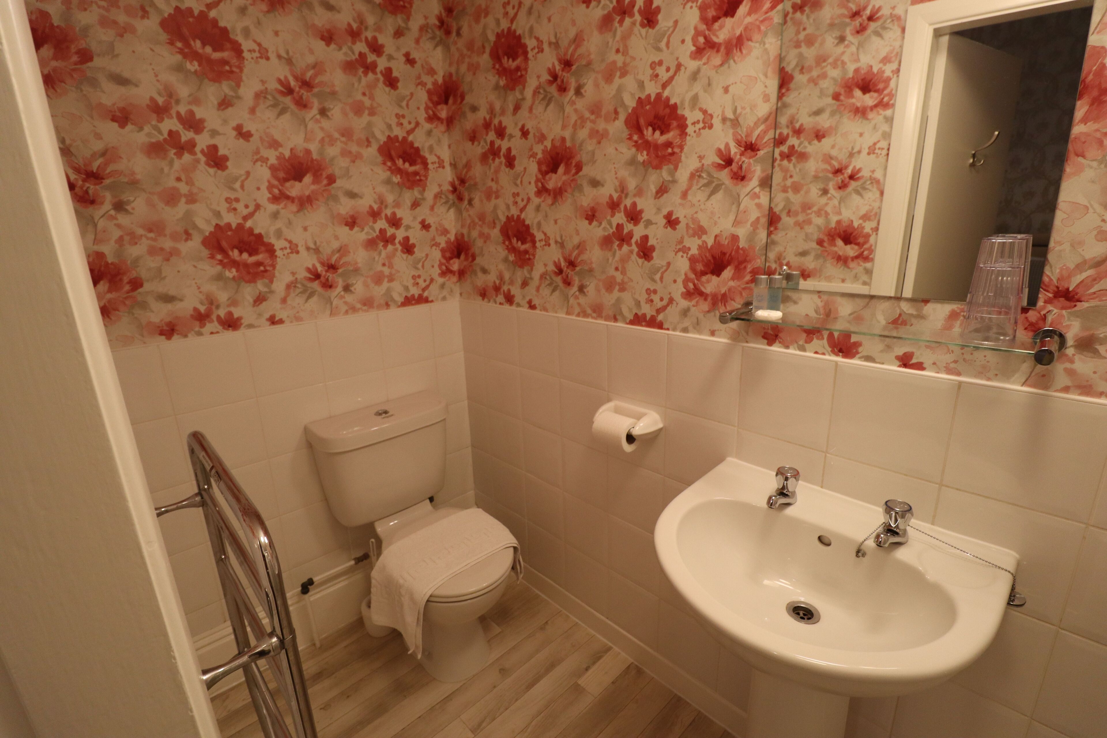 Une salle de bain avec des toilettes, un lavabo et un miroir.