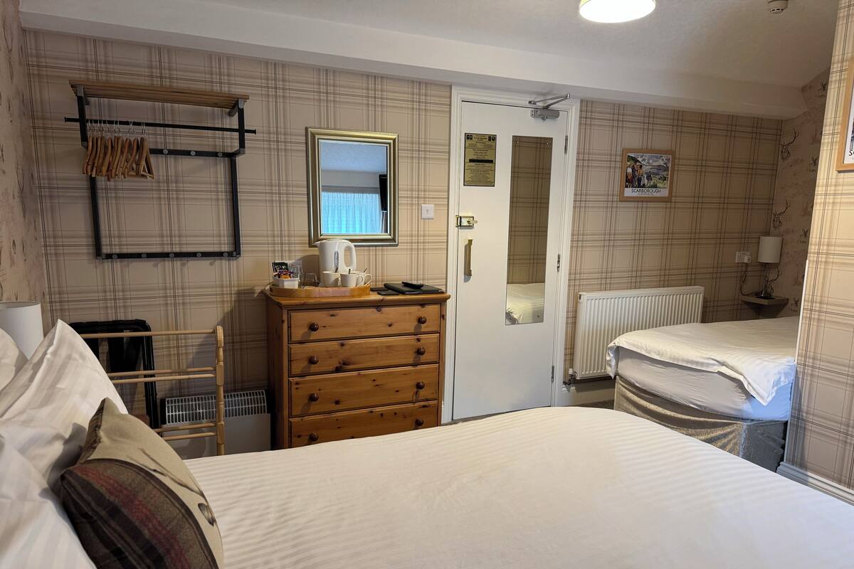 A hotel room with a bed, a dresser, a mirror, and a radiator.