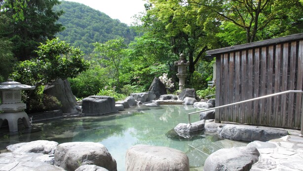 Een traditioneel Japans onsen met stenen trappen die leiden naar een heldere warme bron, omgeven door rotsen en begroeiing.