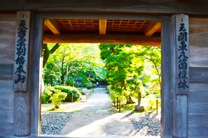 Un sendero en un jardín japonés tradicional, con pavimento de piedra y postes de madera.