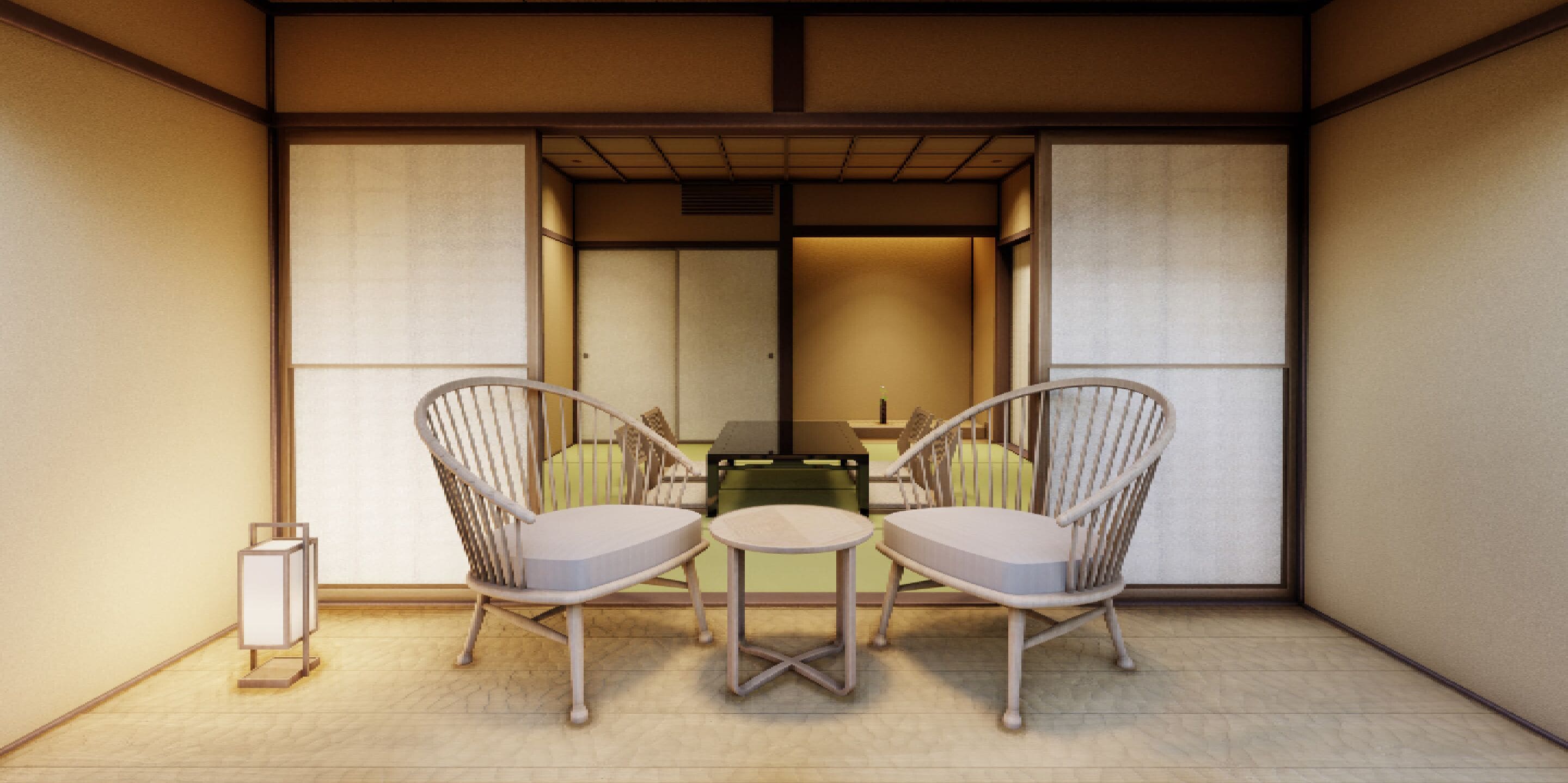 A traditional Japanese room with tatami flooring, two tatami mats, a low table, and two chairs.