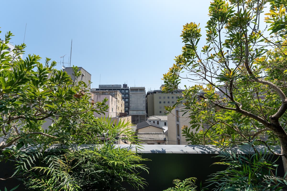 A cityscape with buildings and trees.