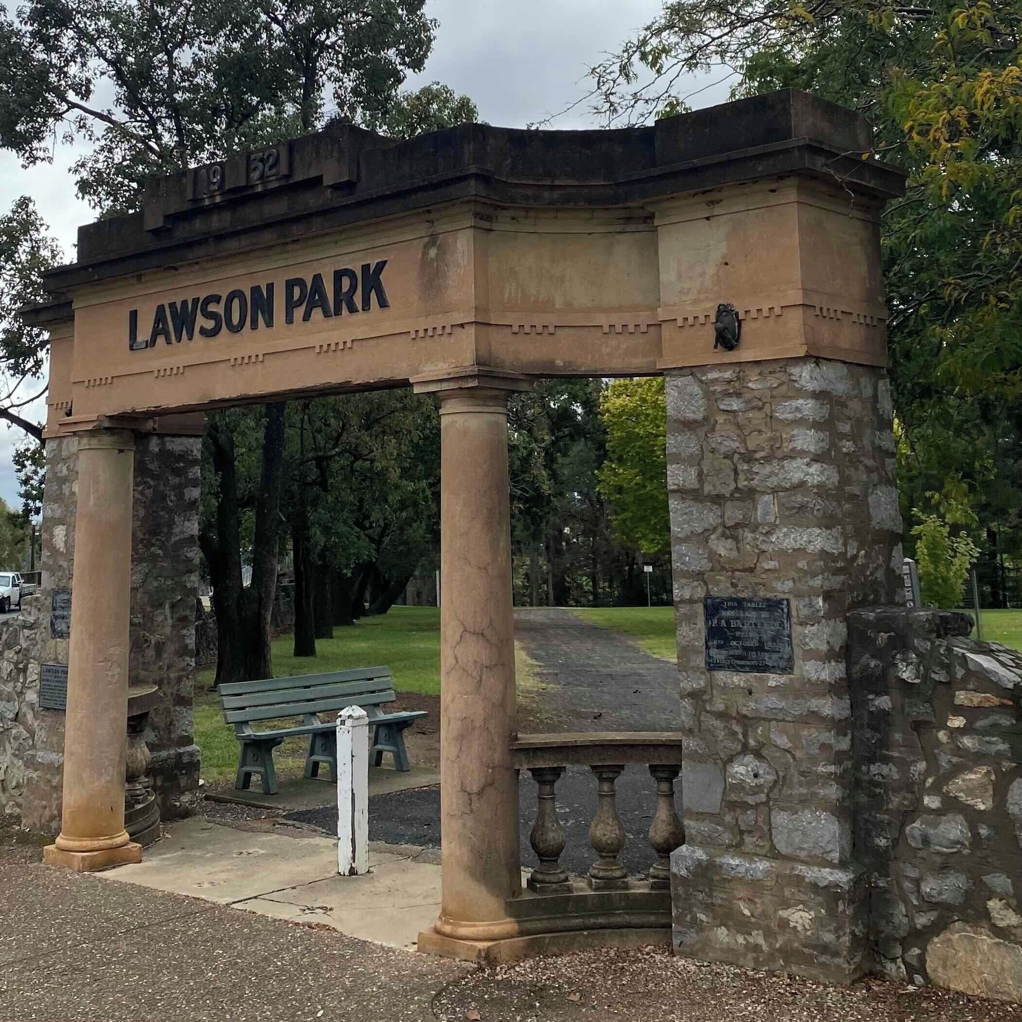 A stone pavilion with the inscription "LAWSON PARK" at the entrance.