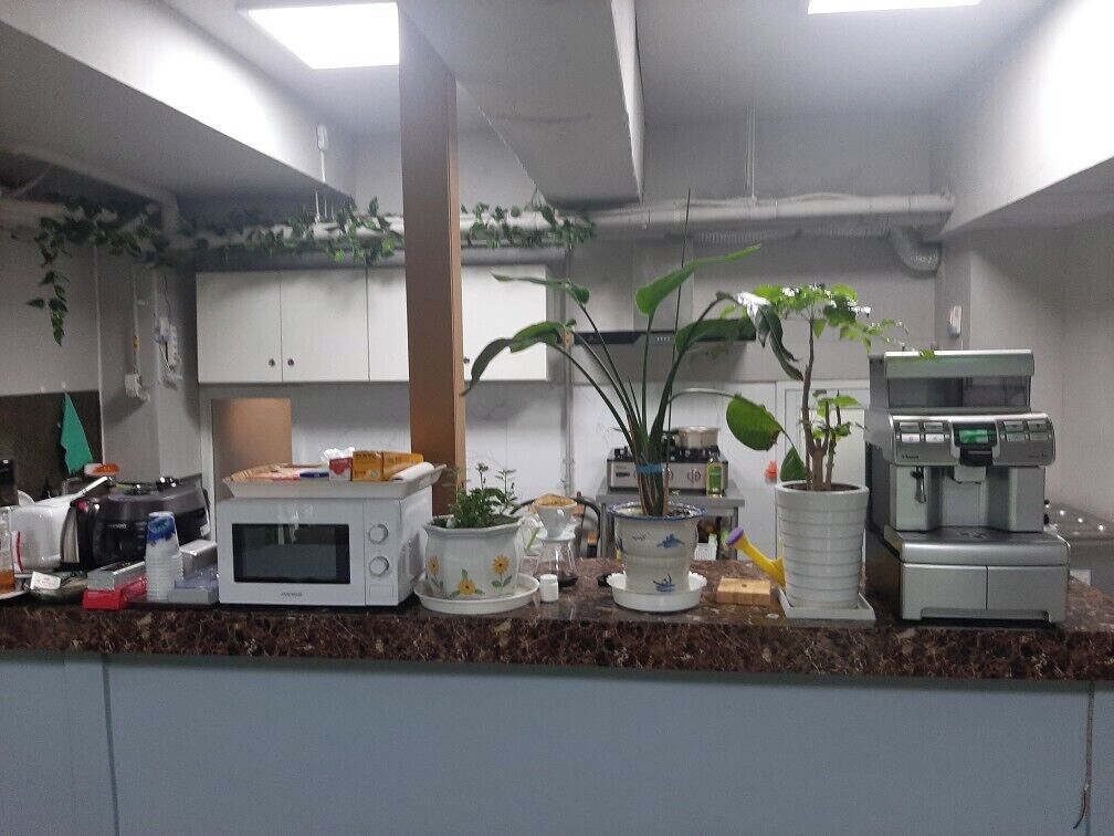 Mini-fridge, microwave, electric kettle, toaster