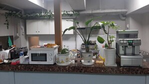 Una cocina con gabinetes blancos, microondas, cafetera y varias plantas en macetas.