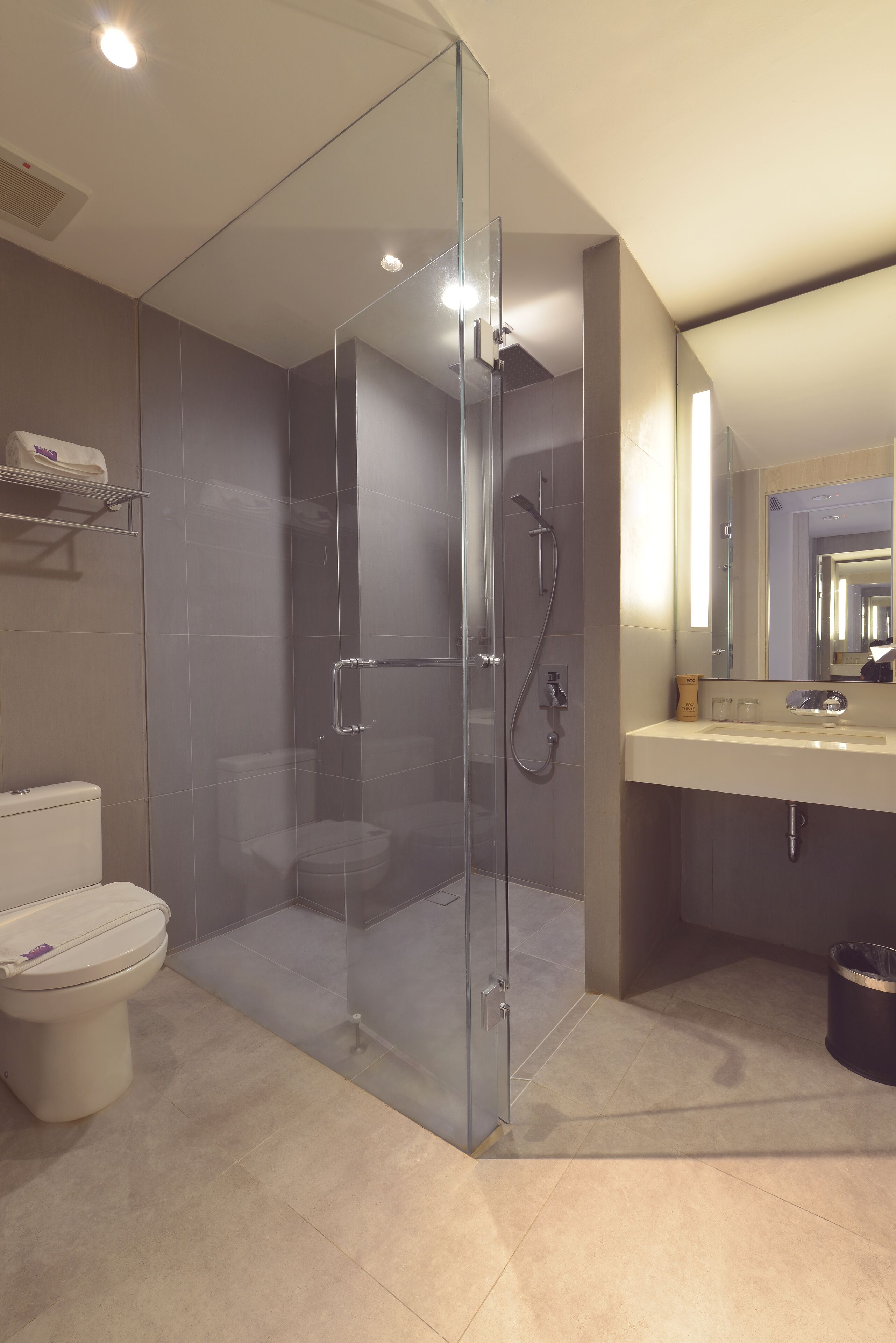A modern bathroom with a glass-enclosed shower, a white toilet, and a vanity with a mirror.