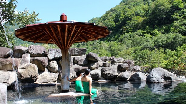 Una piscina natural con rocas grandes y una estructura de madera con techo rojo.