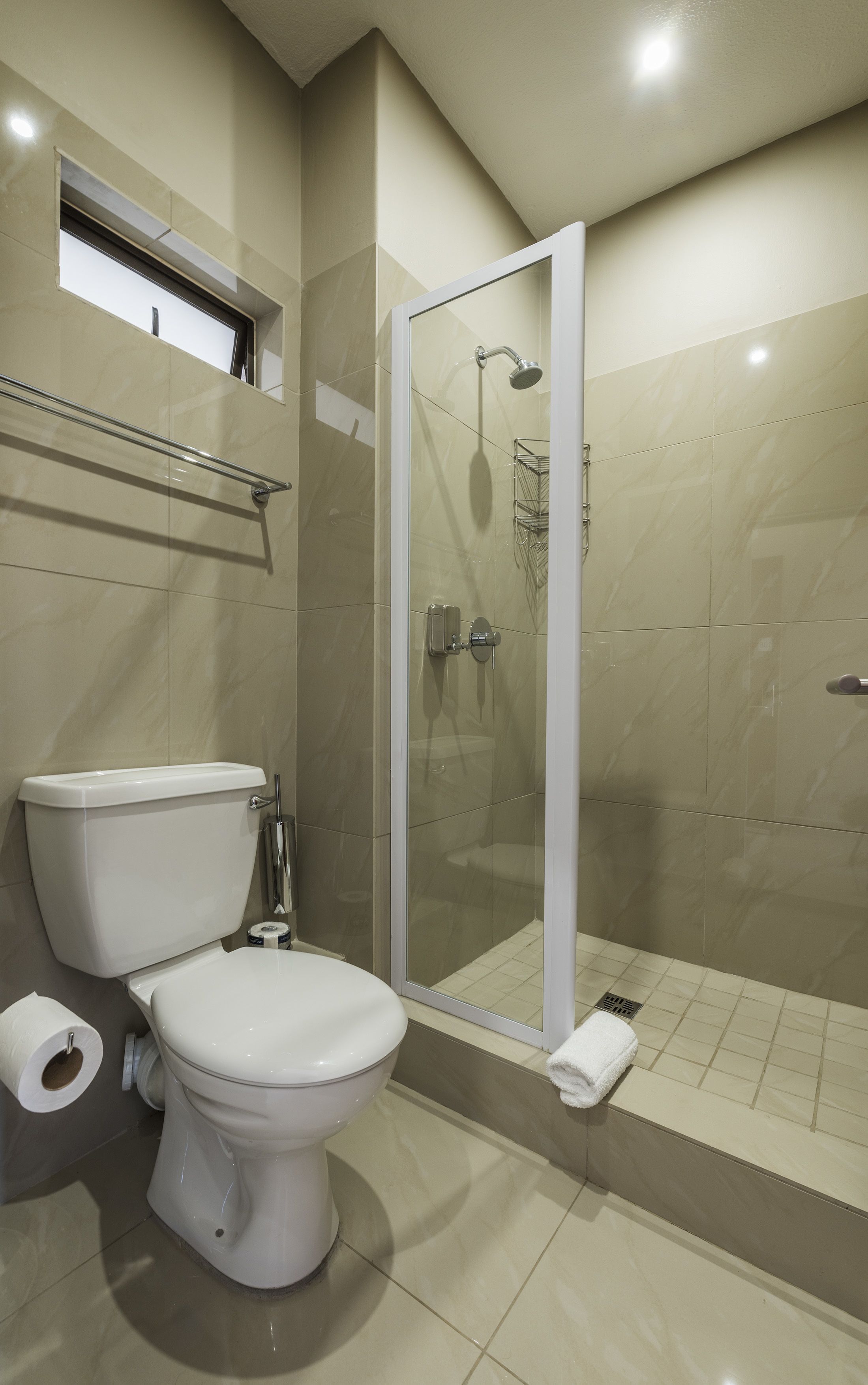 A bathroom with a toilet, a shower with a glass door, and a towel rack.