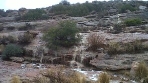 Eine felsige Landschaft mit einem Wasserfall, spärlicher Vegetation und einem bewaldeten Hügel im Hintergrund.