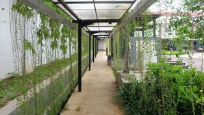 Un pasillo cubierto con suelo de baldosas, flanqueado por jardines verticales y follaje.