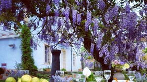 An outdoor dining area with a table set for a meal, surrounded by purple wisteria flowers and greenery. - La Casona Azul (Corvera de Toranzo)