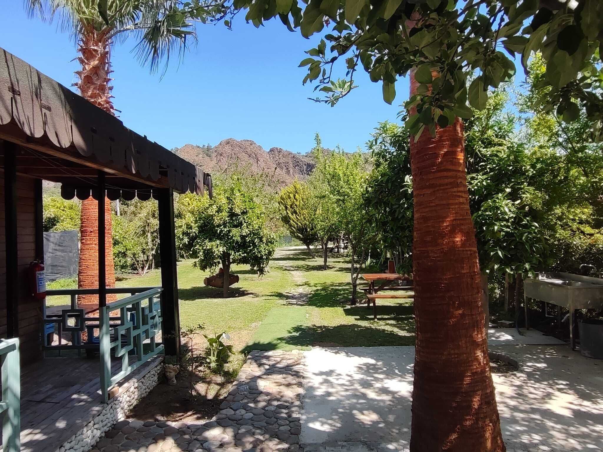 Un espacio al aire libre cubierto con una pérgola de madera, un sendero de piedra y vistas a un paisaje montañoso.