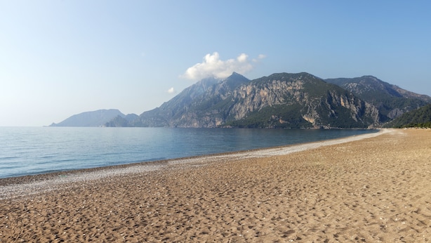 Una playa con una montaña al fondo.